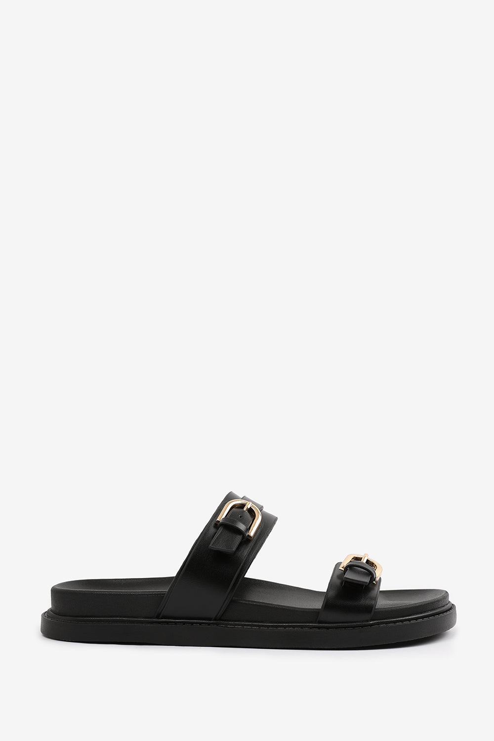 Delora Black Double Buckle Strap Detail Flatform Footbed Sandals