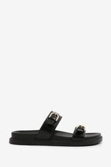 Delora Black Double Buckle Strap Detail Flatform Footbed Sandals