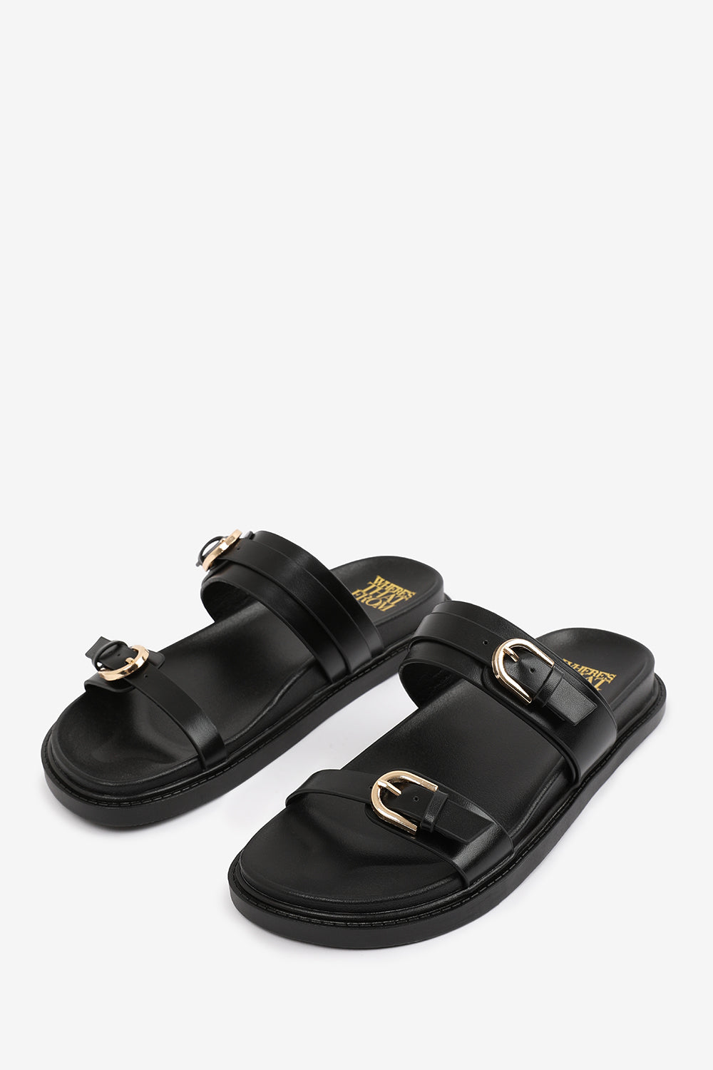 ABRINA FLATFORM SANDAL WITH DOUBLE BUCKLE STRAP DETAILS IN BLACK FAUX LEATHER