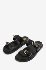 ABRINA FLATFORM SANDAL WITH DOUBLE BUCKLE STRAP DETAILS IN BLACK FAUX LEATHER