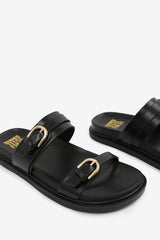 ABRINA FLATFORM SANDAL WITH DOUBLE BUCKLE STRAP DETAILS IN BLACK FAUX LEATHER