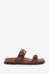 ABRINA FLATFORM SANDAL WITH DOUBLE BUCKLE STRAP DETAILS IN TAN FAUX LEATHER