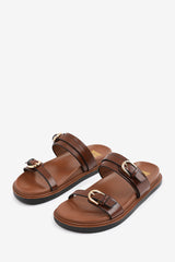 Delora Tan Double Buckle Strap Detail Flatform Footbed Sandals