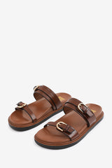 ABRINA FLATFORM SANDAL WITH DOUBLE BUCKLE STRAP DETAILS IN TAN FAUX LEATHER