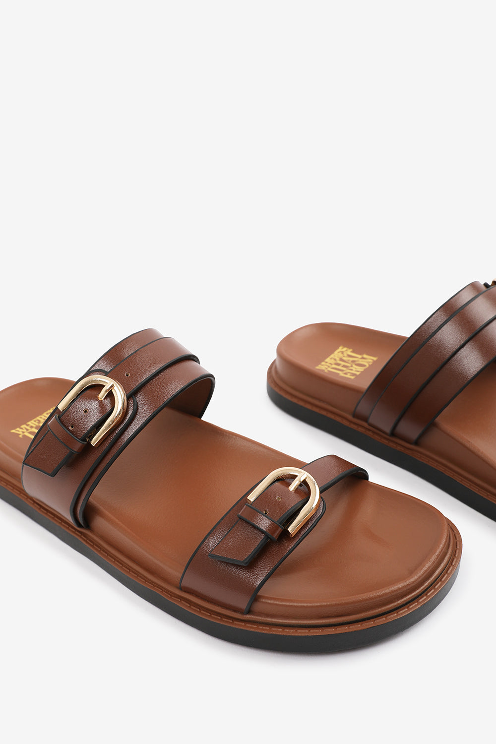 Delora Tan Double Buckle Strap Detail Flatform Footbed Sandals