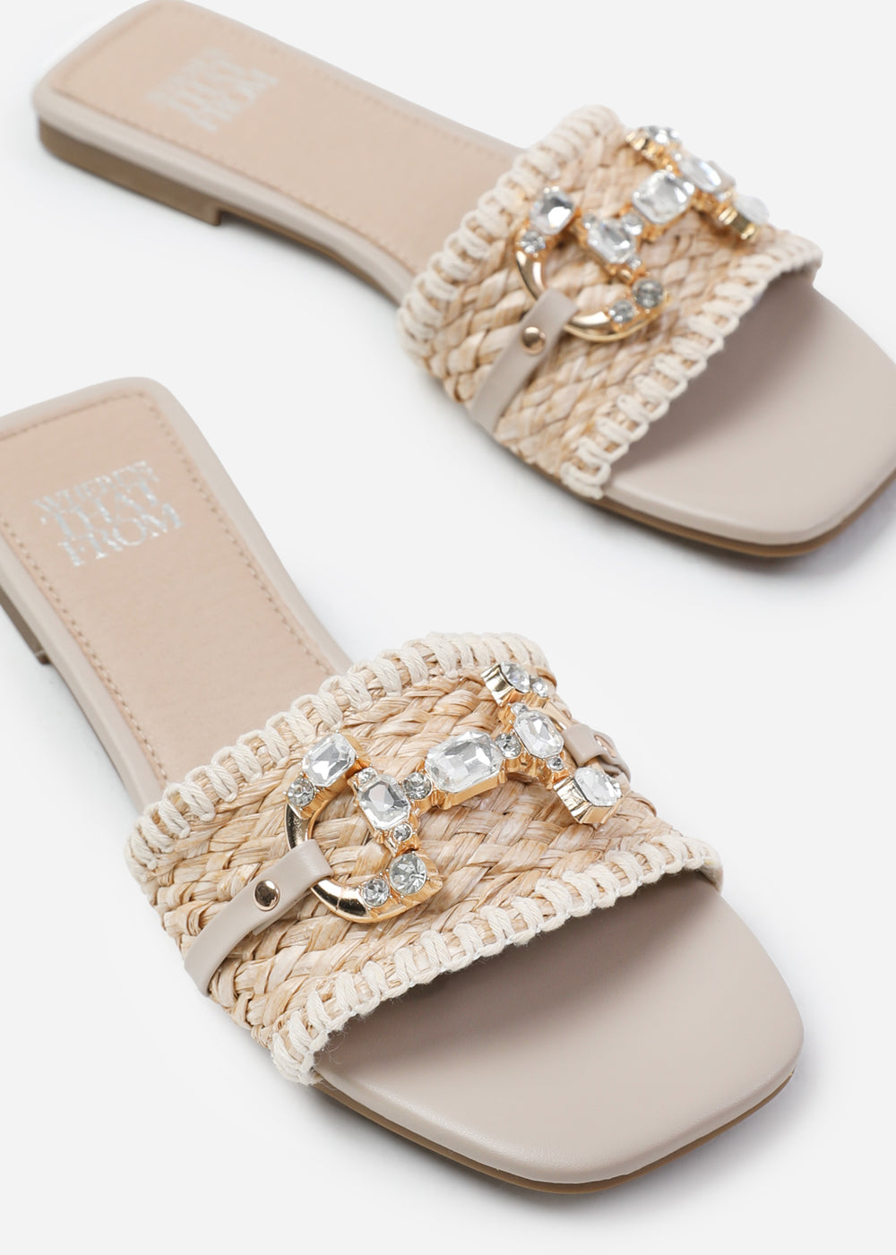 ALIGN JEWEL DETAIL FLAT SANDALS IN BEIGE RAFFIA