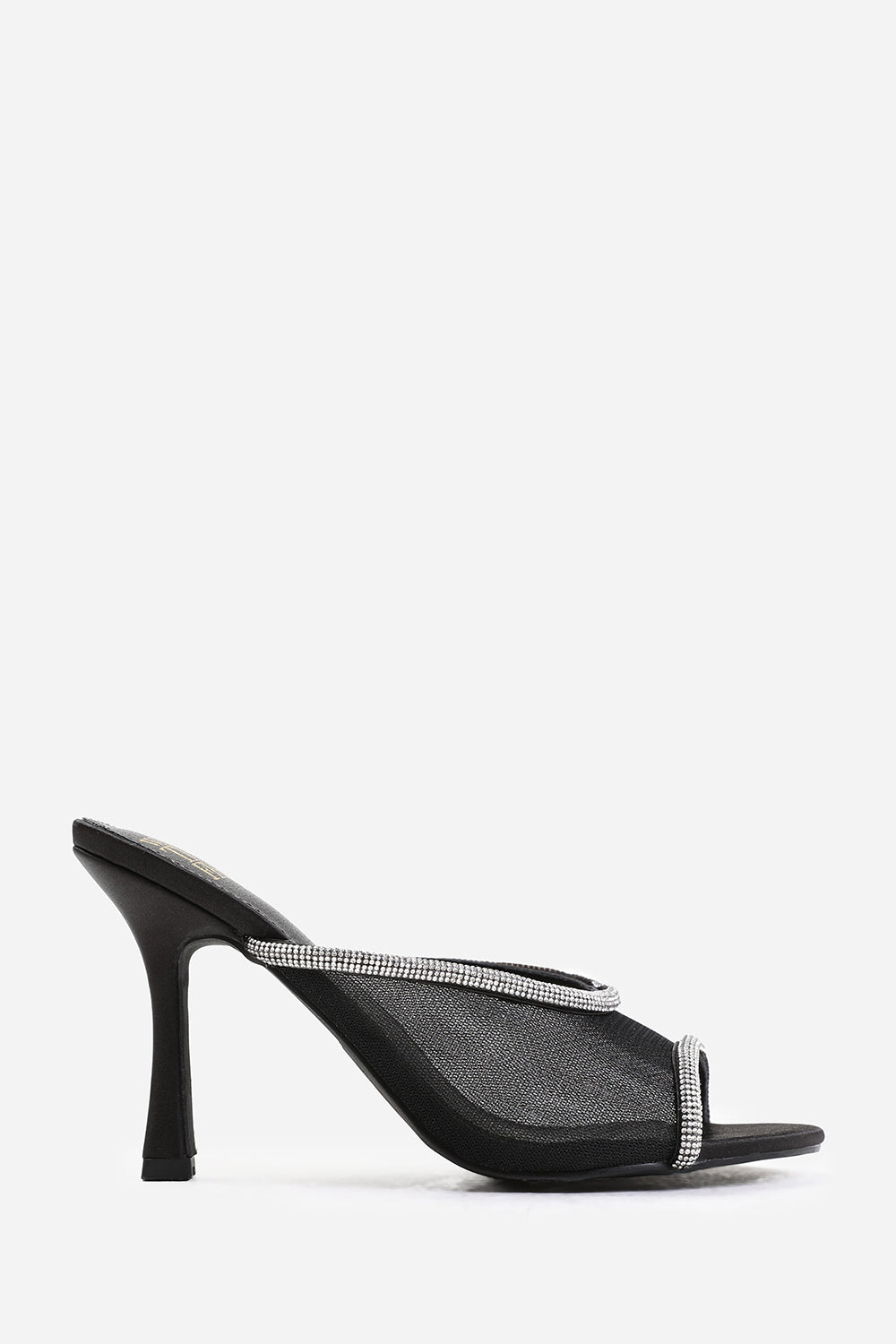 ANNIE OPEN TOE MULES WITH CRYSTAL TRIM IN BLACK SATIN