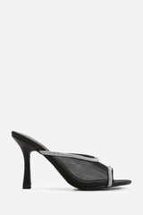 ANNIE OPEN TOE MULES WITH CRYSTAL TRIM IN BLACK SATIN