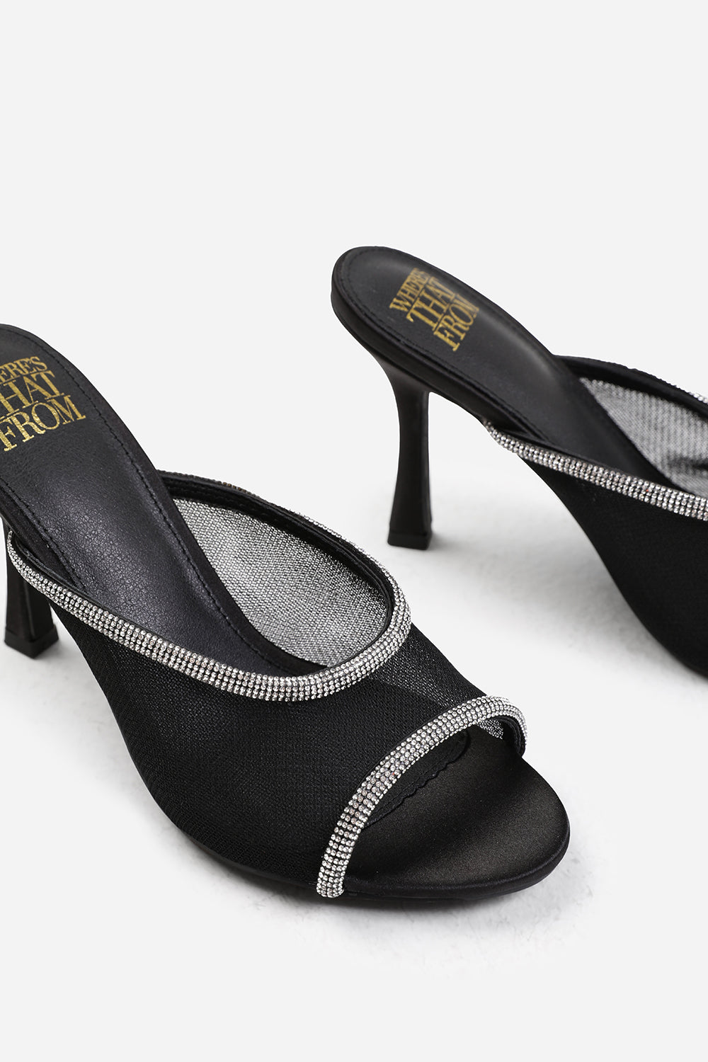 ANNIE OPEN TOE MULES WITH CRYSTAL TRIM IN BLACK SATIN