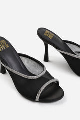 ANNIE OPEN TOE MULES WITH CRYSTAL TRIM IN BLACK SATIN