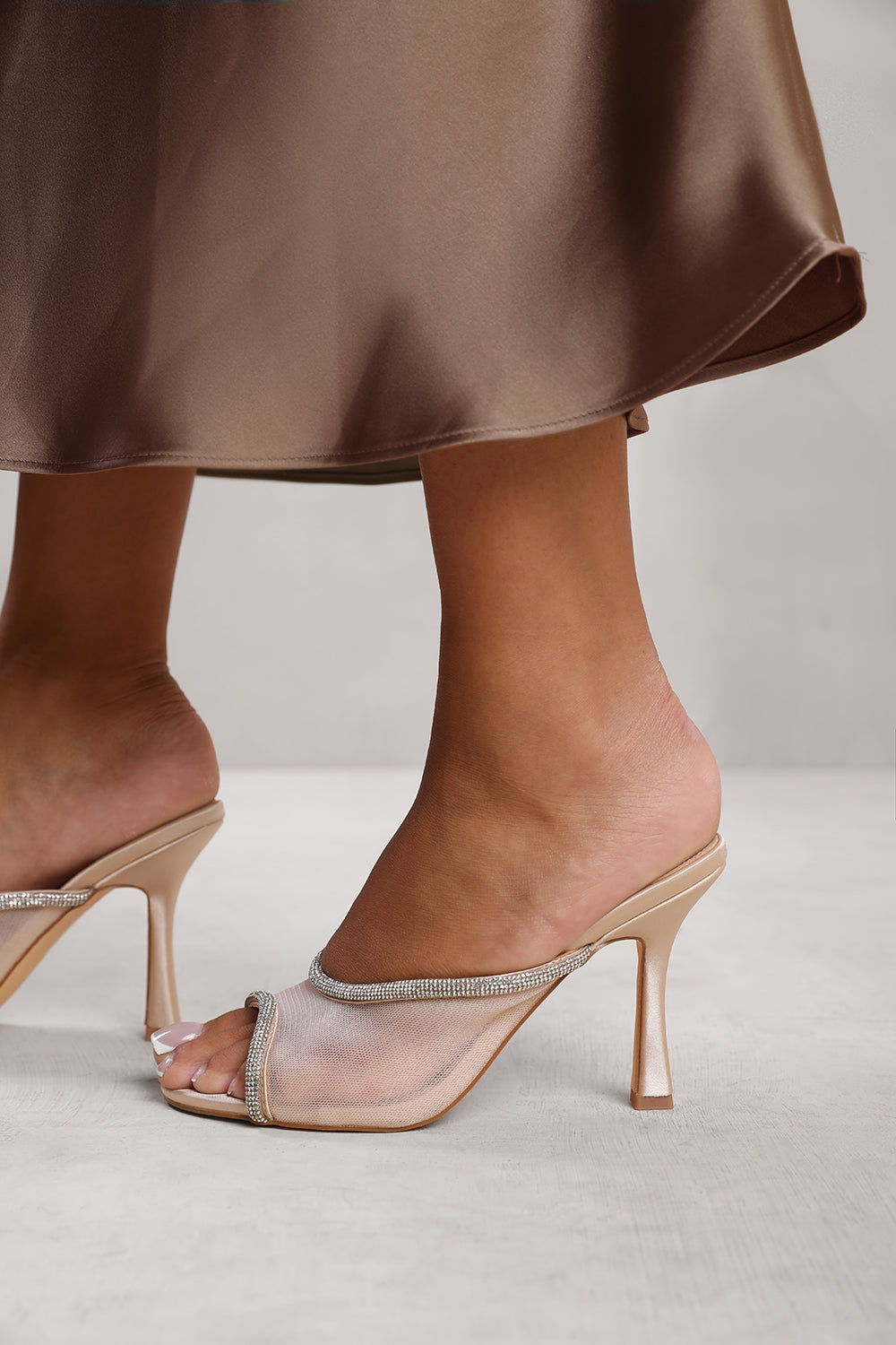 PORTUGAL OPEN TOE MULES WITH CRYSTAL TRIM IN CREAM SATIN