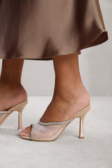 PORTUGAL OPEN TOE MULES WITH CRYSTAL TRIM IN CREAM SATIN