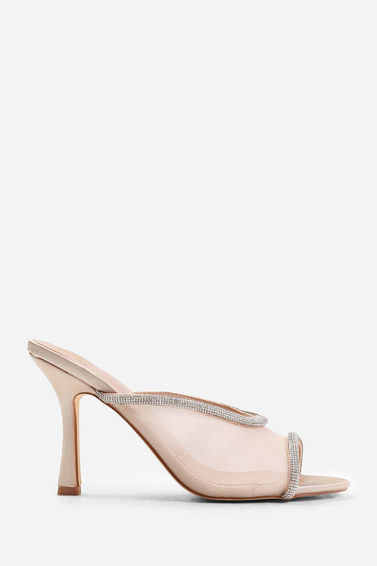 ANNIE OPEN TOE MULES WITH CRYSTAL TRIM IN CREAM SATIN
