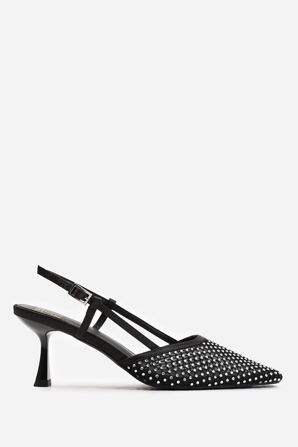 GREECE SLINGBACK POINTED TOE HEEL WITH DIAMANTE MESH IN BLACK SATIN