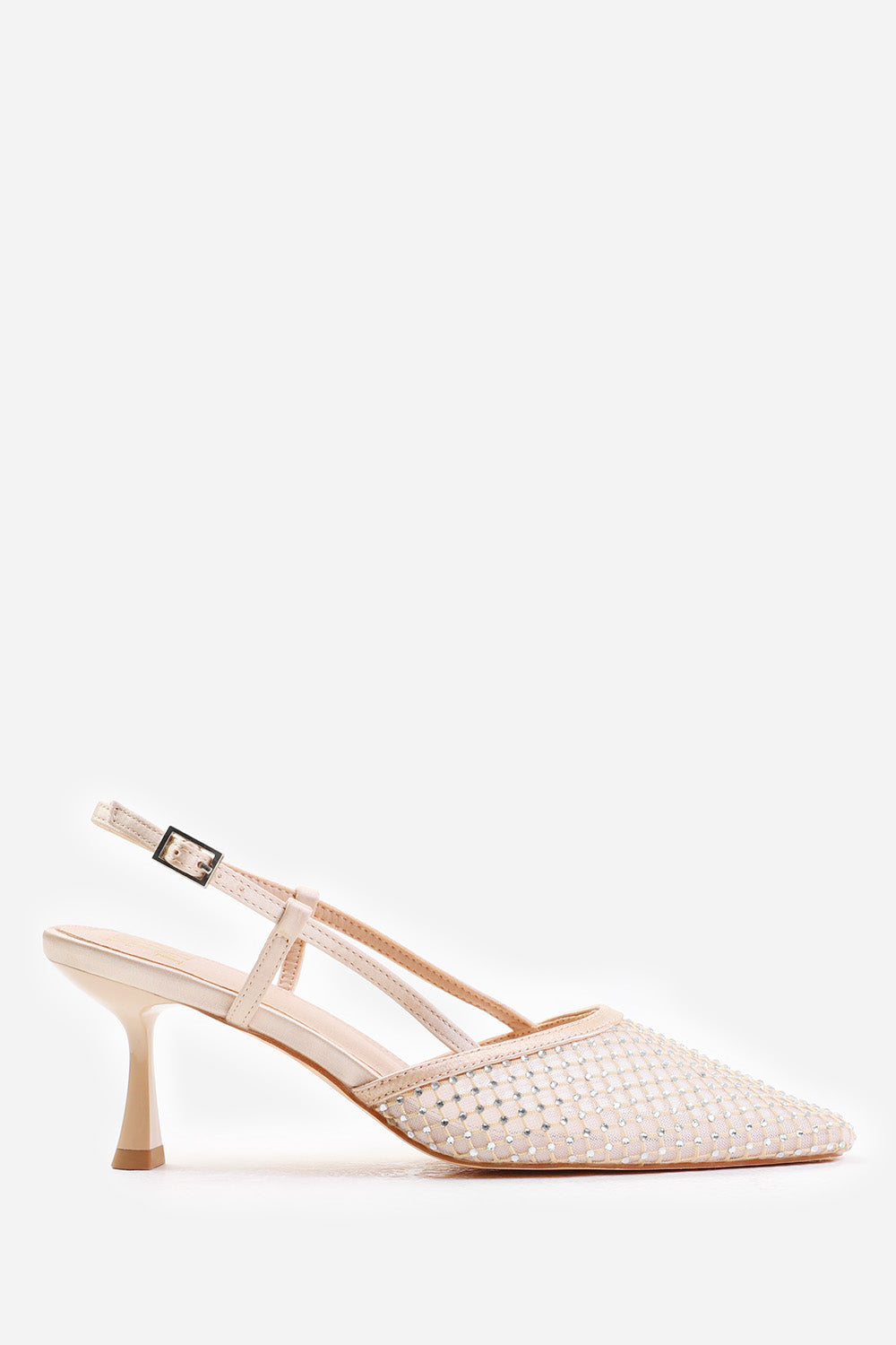 GREECE SLINGBACK POINTED TOE HEEL WITH DIAMANTE MESH IN CREAM SATIN