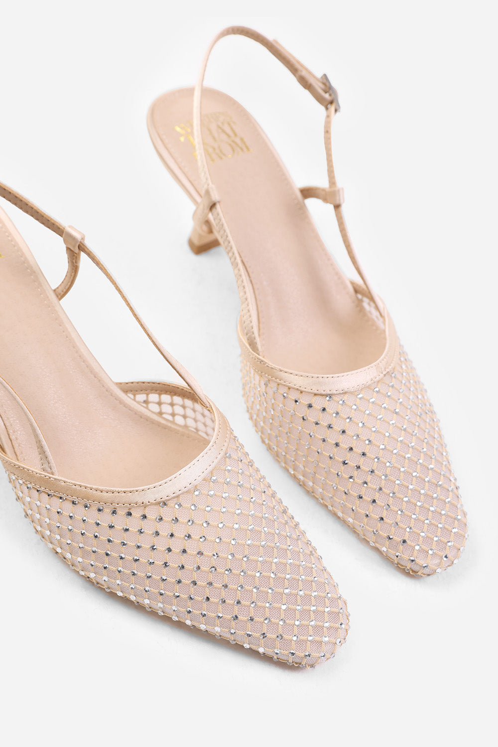 GREECE SLINGBACK POINTED TOE HEEL WITH DIAMANTE MESH IN CREAM SATIN