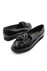 ALPHA EXTRA WIDE FIT SLIP ON LOAFER SLIDER WITH BOW DETAIL IN BLACK PATENT FAUX LEATHER