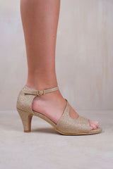 BEATRICE WIDE FIT LOW KITTEN HEEL WITH CROSSOVER STRAP IN GOLD GLITTER