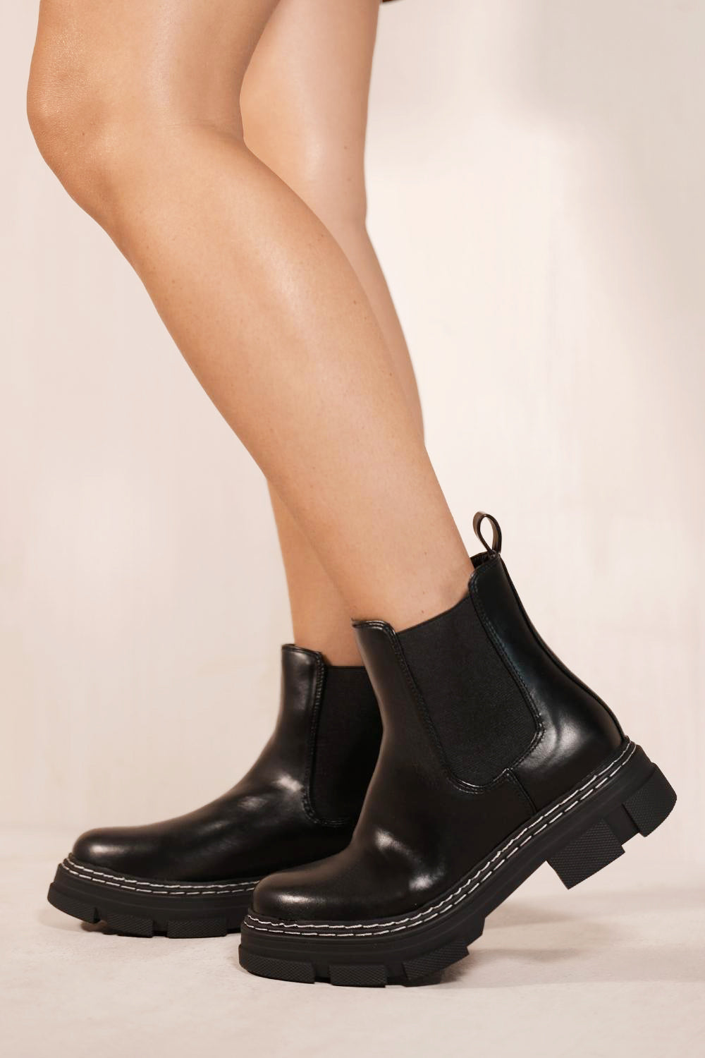 AMIYAH CHUNKY CHEALSEA BOOTS WITH KNITTED SOCK IN BLACK FAUX LEATHER