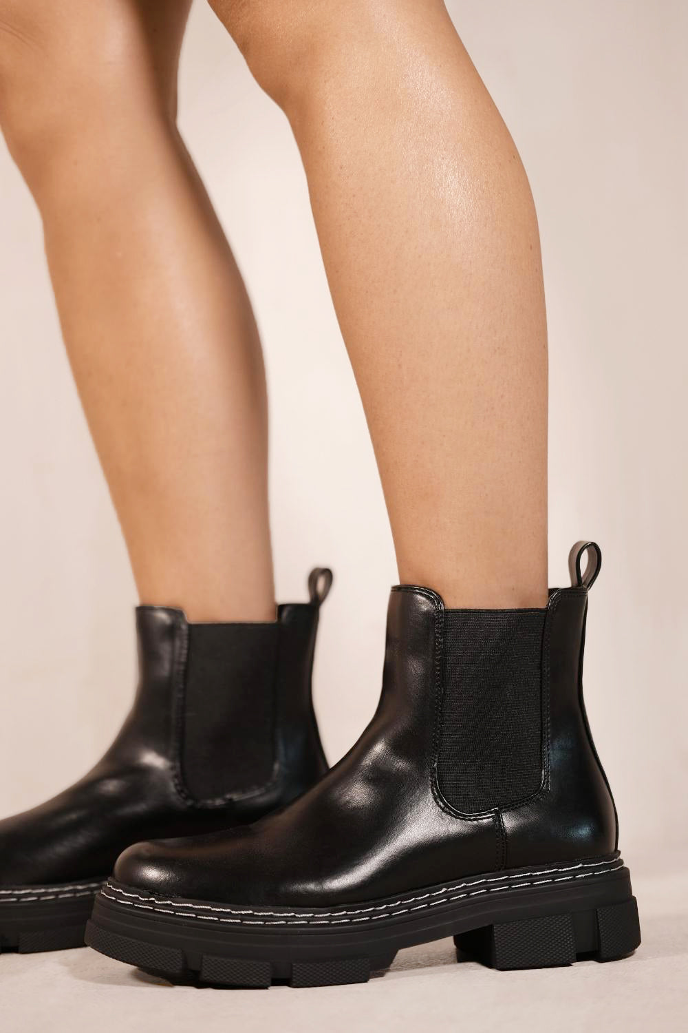 AMIYAH CHUNKY CHEALSEA BOOTS WITH KNITTED SOCK IN BLACK FAUX LEATHER
