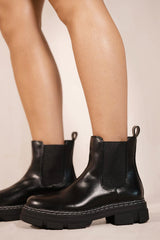 AMIYAH CHUNKY CHEALSEA BOOTS WITH KNITTED SOCK IN BLACK FAUX LEATHER