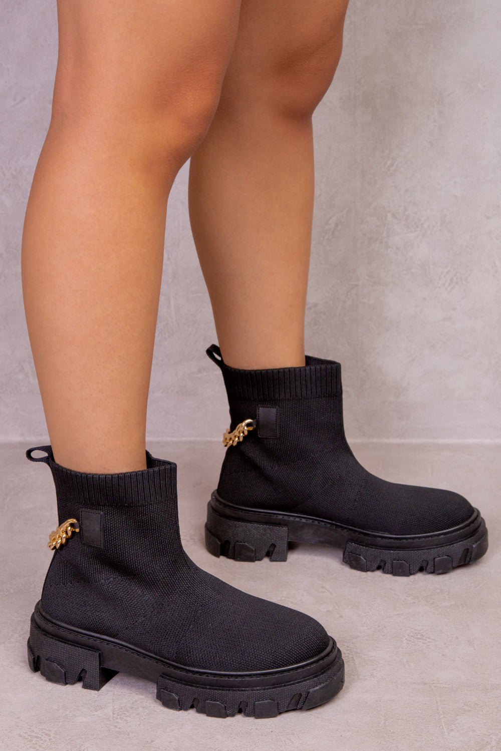 AYZEL CHUNKY BOOT WITH KNITTED SOCK & DRIP CHAIN IN BLACK