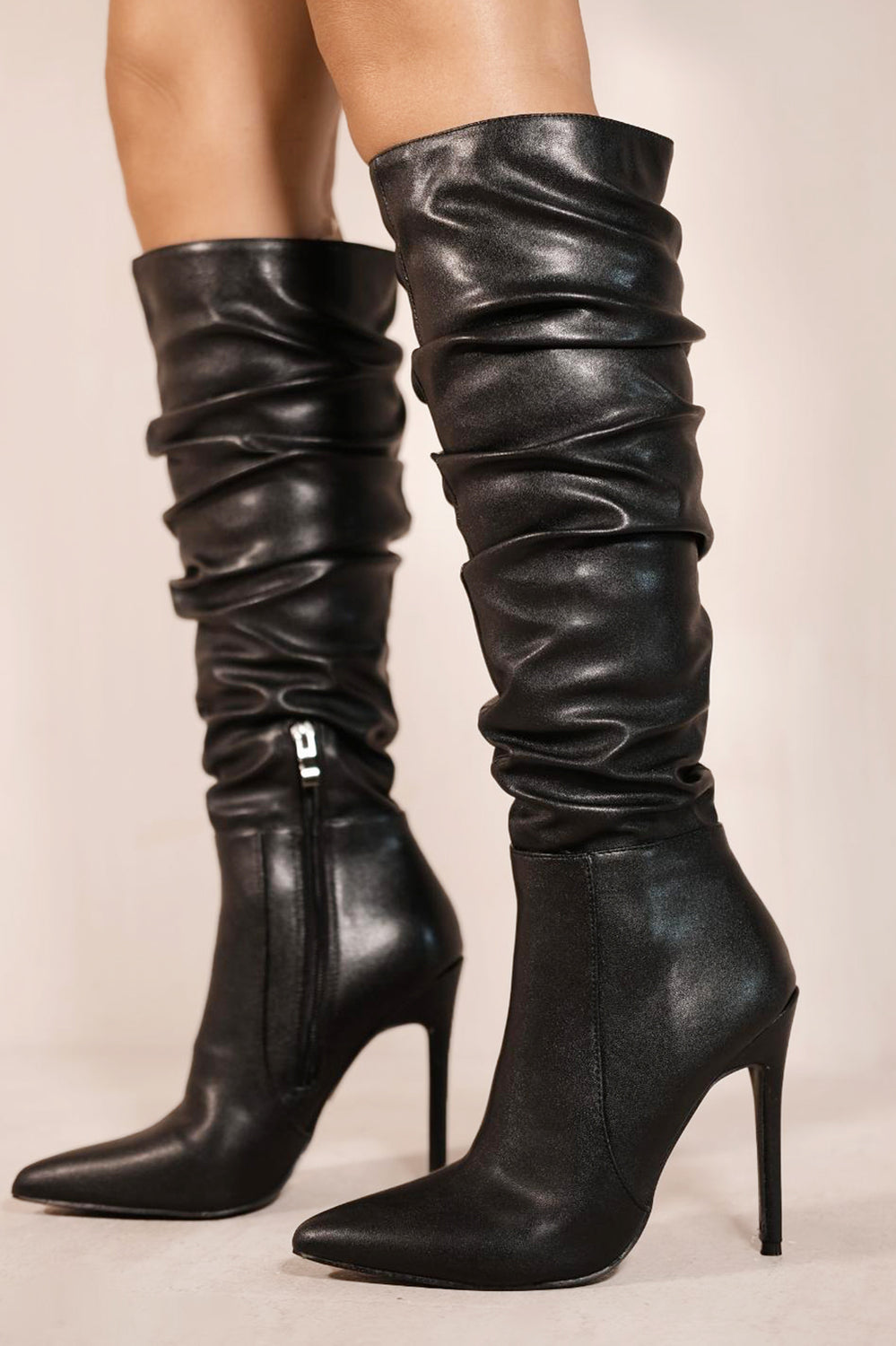 LONDYN STILETTO RUCHED KNEE HIGH BOOTS WITH POINTED TOE IN BLACK FAUX LEATHER