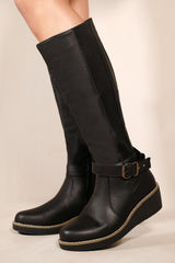 AYLEEN WEDGE HEEL KNEE HIGH BOOTS WITH ELASTIC PANEL IN BLACK FAUX LEATHER