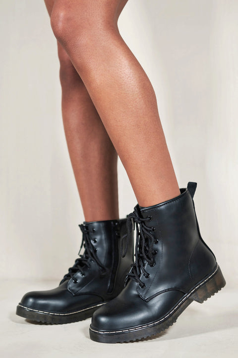 CALLA LACE UP MID ANKLE BOOTS IN BLACK FAUX LEATHER