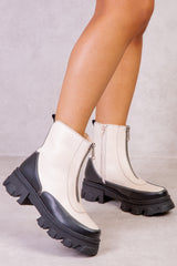 HAZEL CHUNKY ANKLE BOOT WITH FRONT ZIP DETAIL IN IVORY CREAM FAUX LEATHER