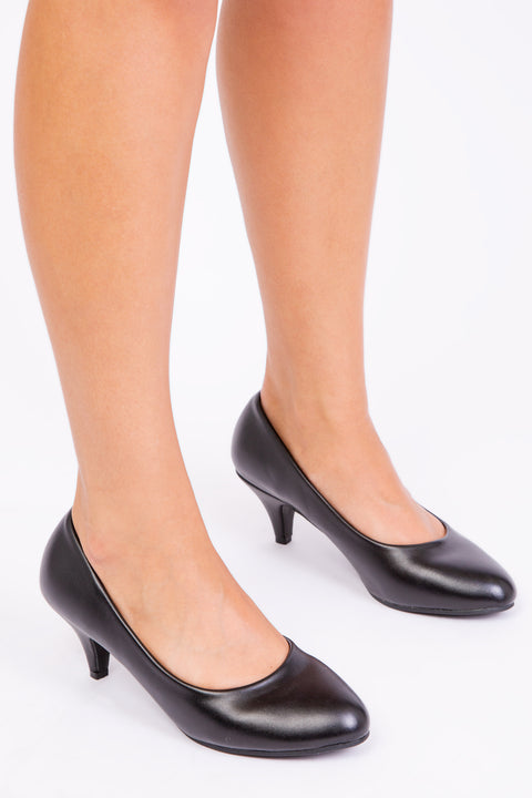 SHEA LOW HEEL COURT PUMP IN BLACK FAUX LEATHER