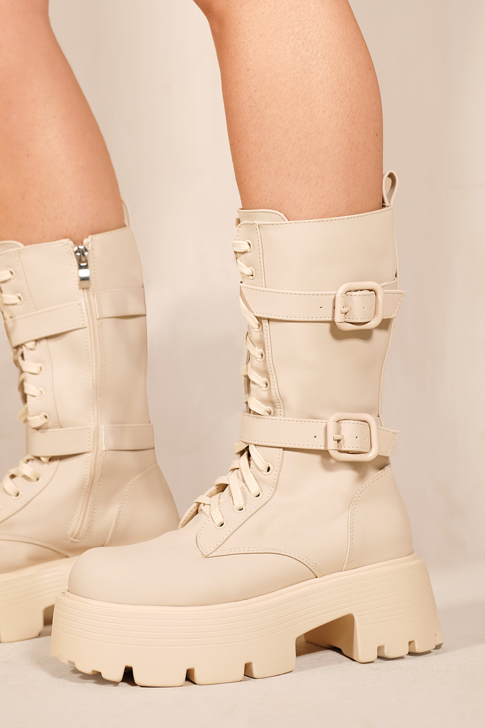 JOURNEE CHUNKY CHELSEA MID CALF BOOTS WITH SIDE ZIP AND LACE UP IN IVORY CREAM FAUX LEATHER