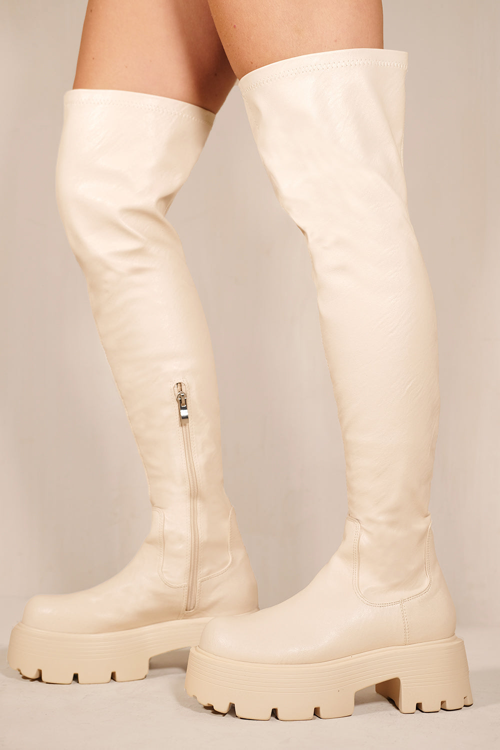 TILLEY CHUNKY CHELASEA CALF HIGH BOOTS WITH SIDE ZIP IN IVORY CREAM FAUX LEATHER