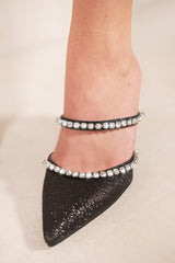 AERITH POINTED TOE HIGH HEEL MULES WITH DIAMANTE STRAP IN BLACK GLITTER