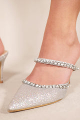 AERITH POINTED TOE HIGH HEEL MULES WITH DIAMANTE STRAP IN MOON SILVER GLITTER