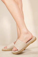 ESPADRILLE FLAT MULES WITH ZIG ZAG STITCH DETAILS IN NUDE FAUX LEATHER