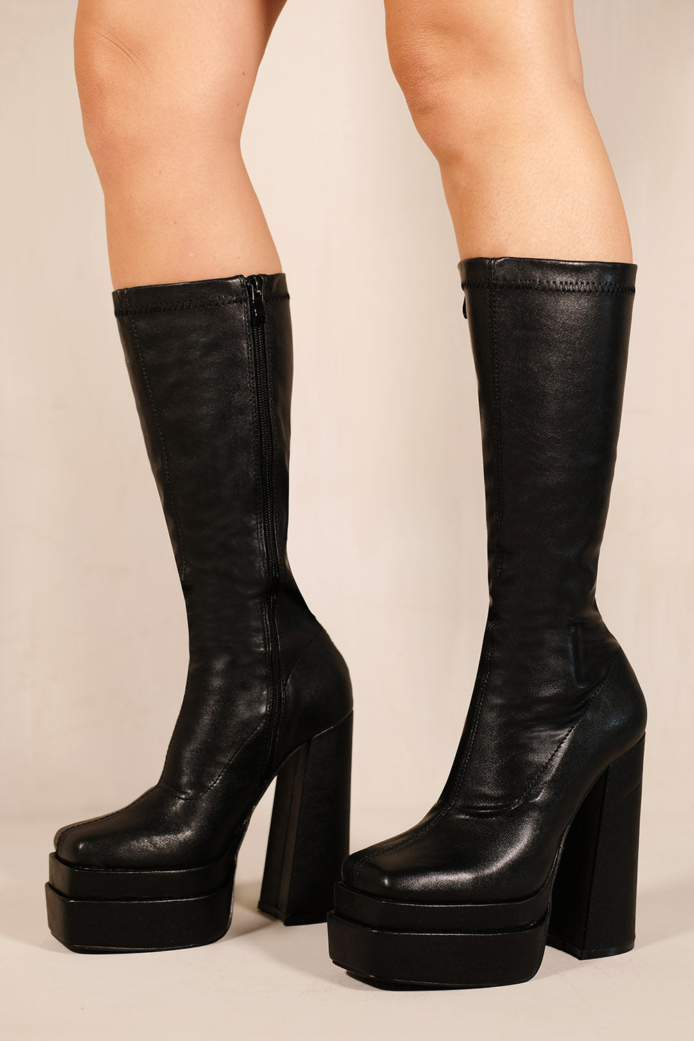 WAVERLY BLOCK HEEL CALF HIGH STRETCH BOOTS WITH SQUARE TOE IN BLACK FAUX LEATHER