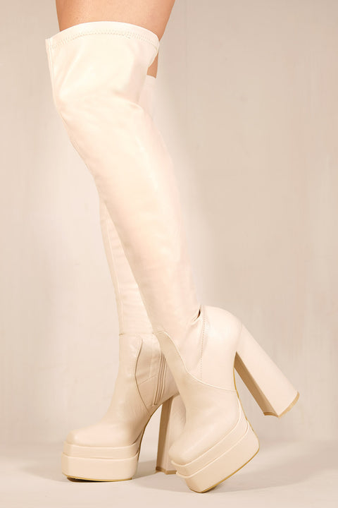 SHILOH BLOCK HEEL KNEE HIGH STRETCH BOOTS WITH SQUARE TOE IN IVORY CREAM FAUX LEATHER