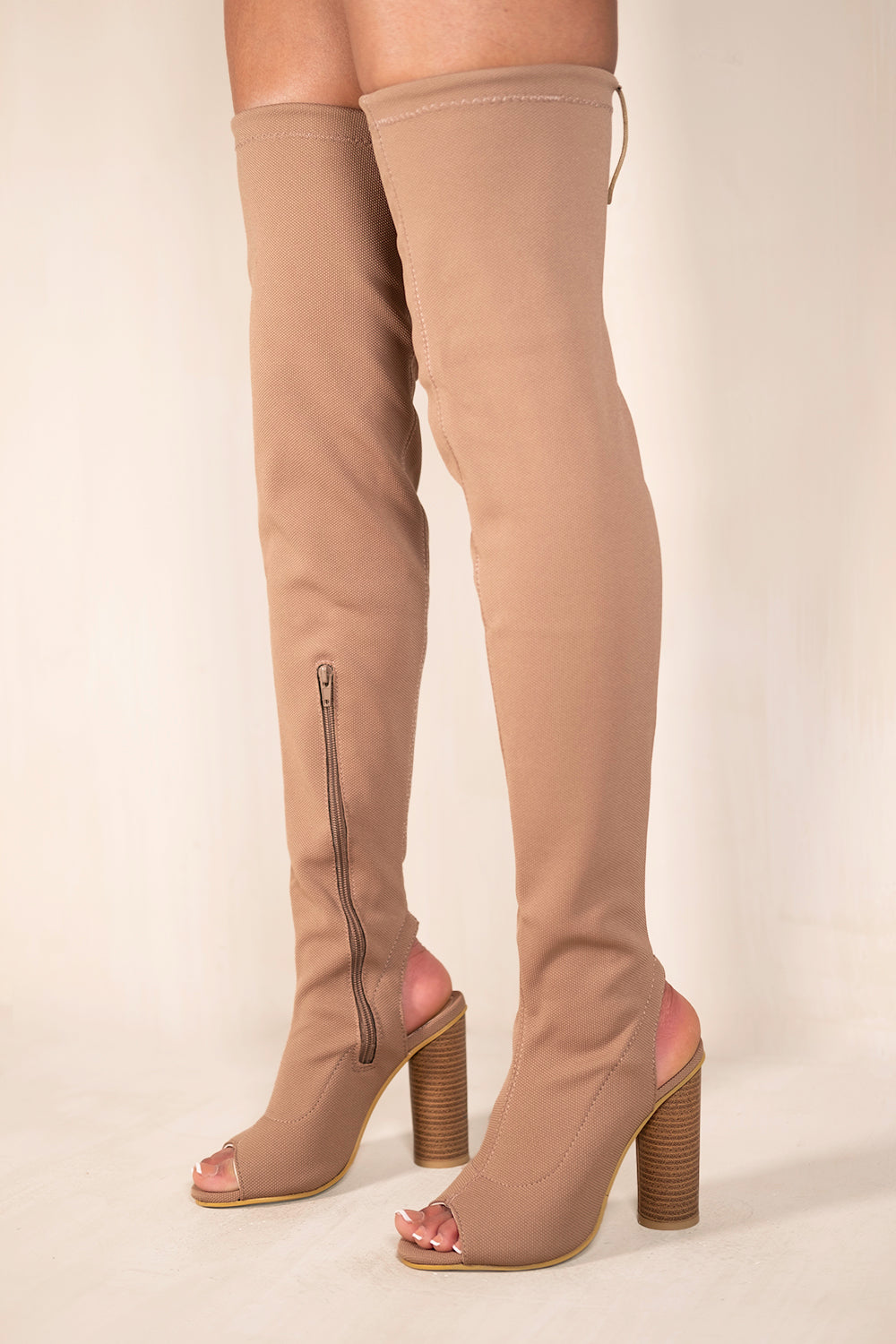 ESME BLOCK HEEL THIGH HIGH KNITTED STRETCH BOOTS IN MOCHA
