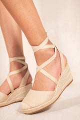 JUNIPER LOW WEDGE ESPADRILLE SANDALS WITH LACE UP DETAIL IN IVORY CREAM SUEDE