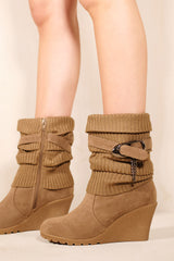 BRYONY WEDGE HEEL SLOUCHY ANKLE BOOTS WITH KNITTED COLLAR IN KHAKI FAUX SUEDE