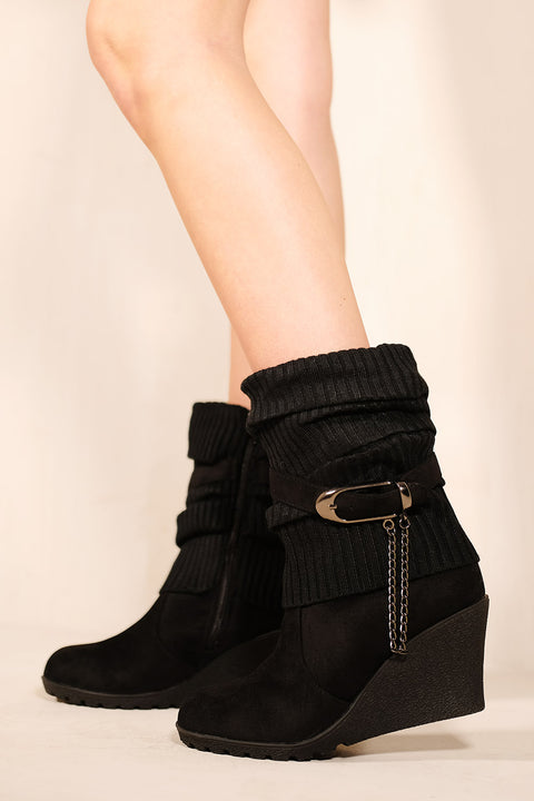 BRYONY WEDGE HEEL SLOUCHY ANKLE BOOTS WITH KNITTED COLLAR IN BLACK FAUX SUEDE