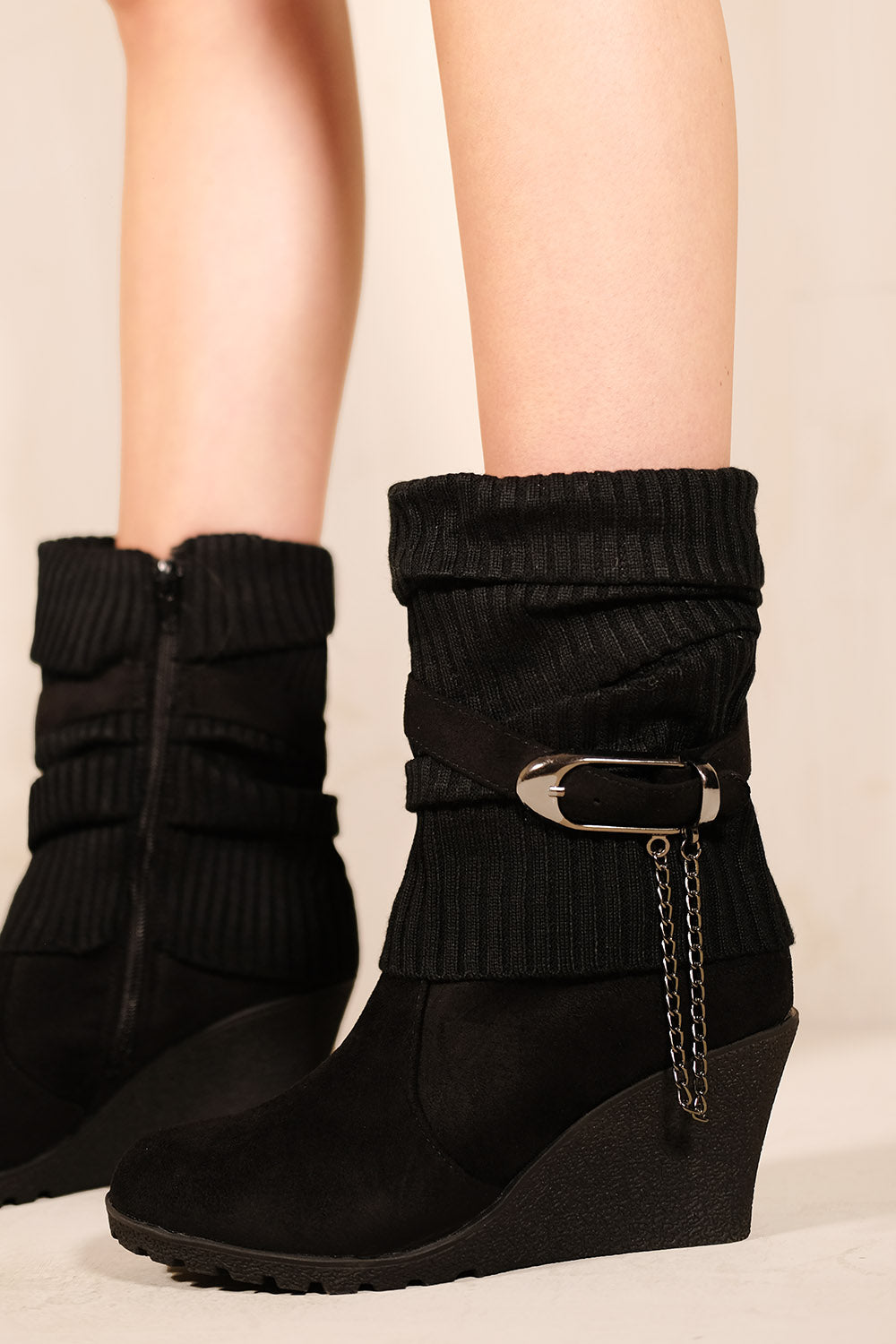 BRYONY WEDGE HEEL SLOUCHY ANKLE BOOTS WITH KNITTED COLLAR IN BLACK FAUX SUEDE