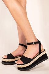 MOCKTAIL FLATFORM ESPADRILLE SANDALS WITH ANKLE STRAP IN BLACK SUEDE