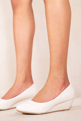 KIERAN PLATFORM LOW WEDGE MID HEEL COURT SHOES IN WHITE FAUX LEATHER