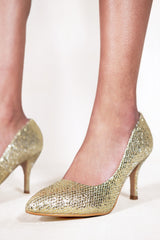 PAOLA MID HIGH HEEL COURT PUMP SHOES WITH POINTED TOE IN GOLD GLITTER