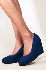 LUISA PLATFORM WEDGE HEEL COURT SHOES IN NAVY BLUE SUEDE