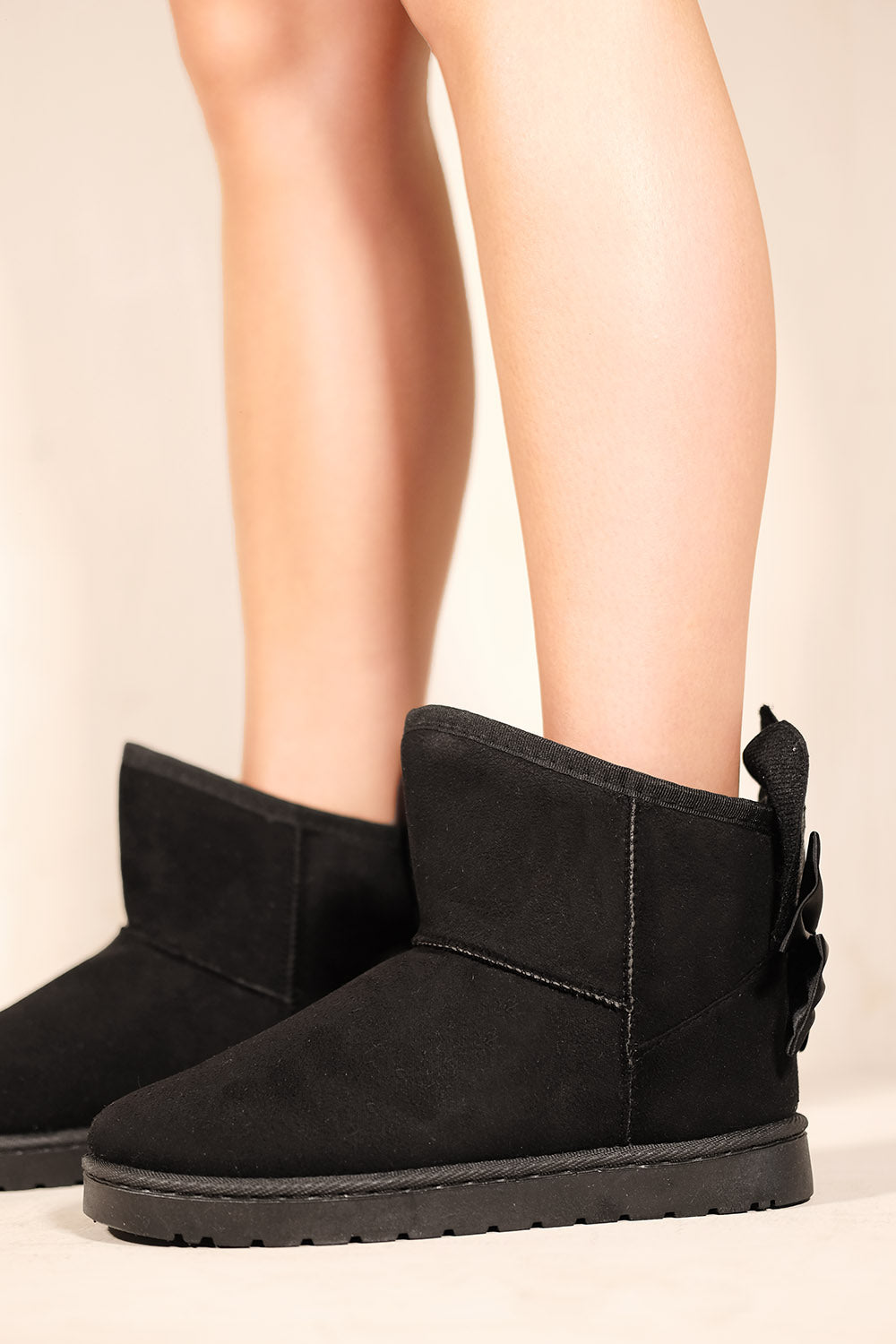 MAKAILA PLATFORM ANKLE BUNNY BOOTS WITH BOW BLACK FAUX SUEDE