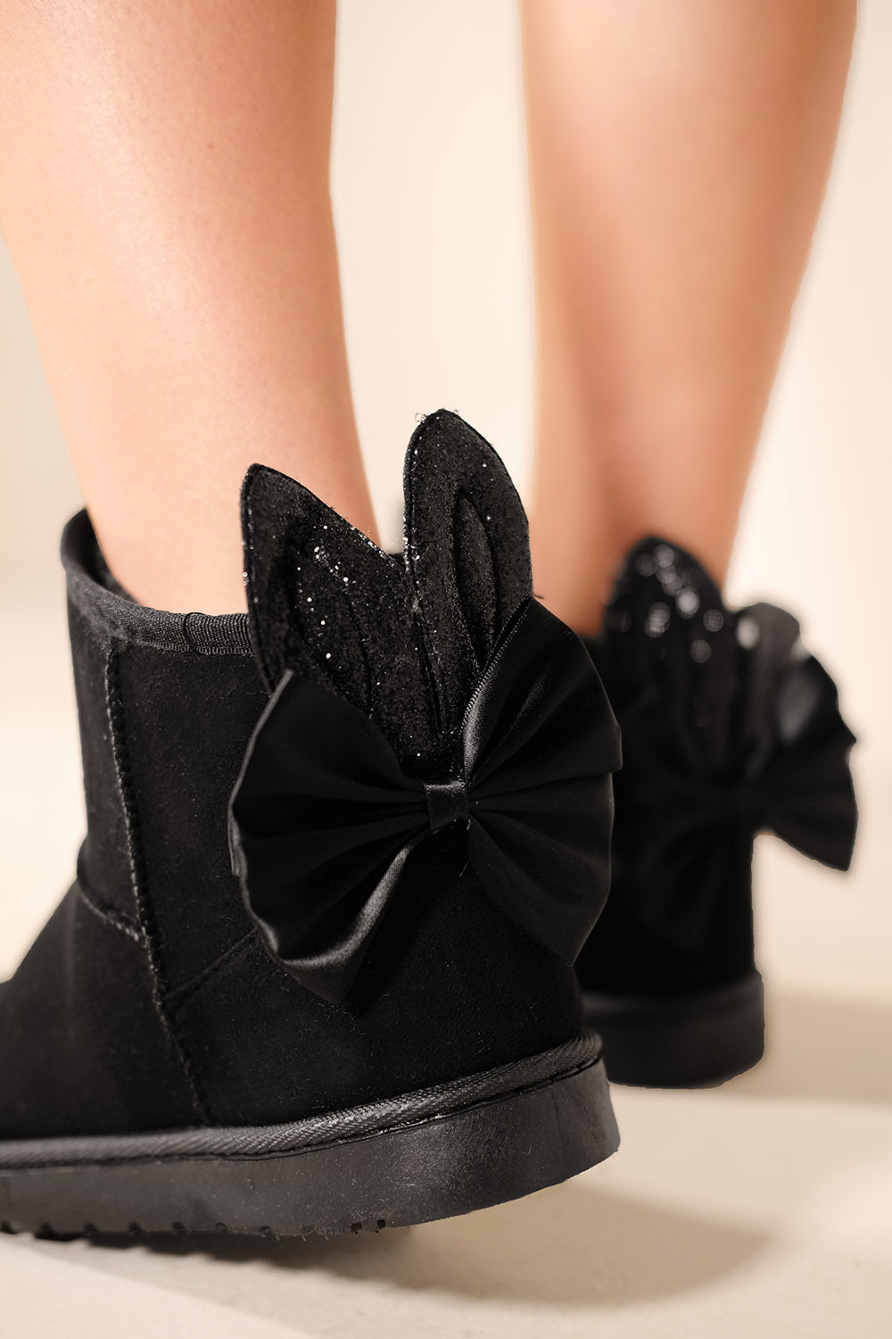 MAKAILA PLATFORM ANKLE BUNNY BOOTS WITH BOW BLACK FAUX SUEDE