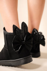 MAKAILA PLATFORM ANKLE BUNNY BOOTS WITH BOW BLACK FAUX SUEDE